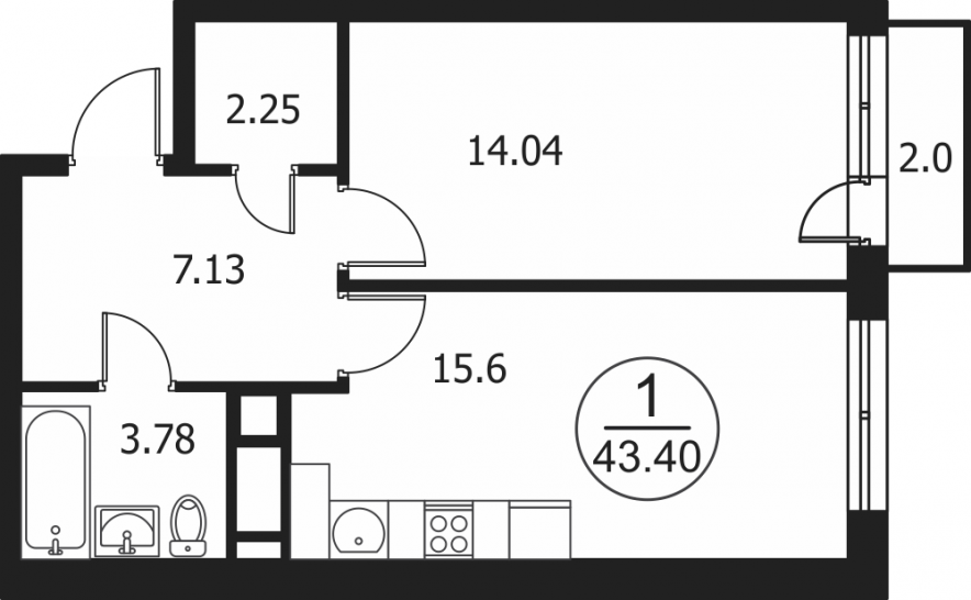Однокомнатная квартира 43.4 м²