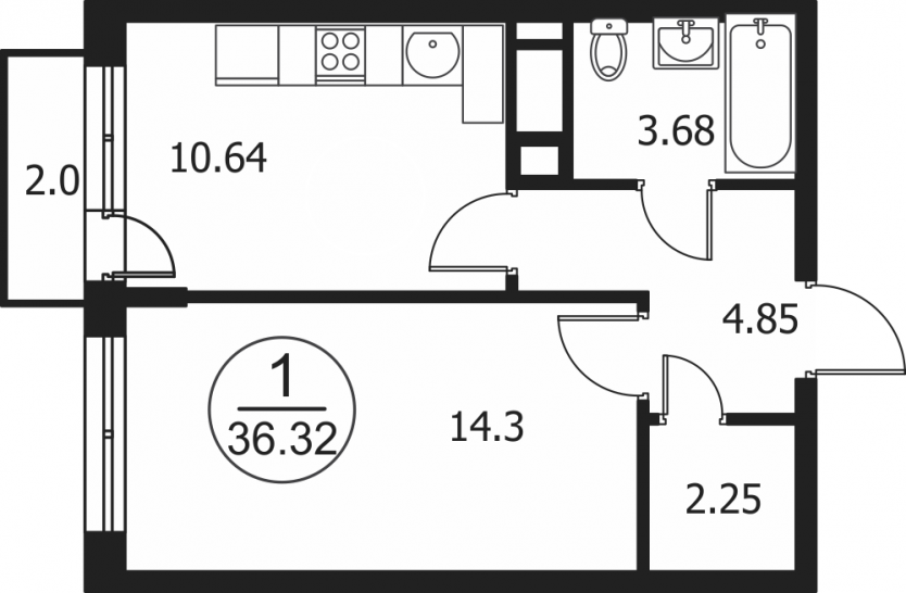 Однокомнатная квартира 36.32 м²