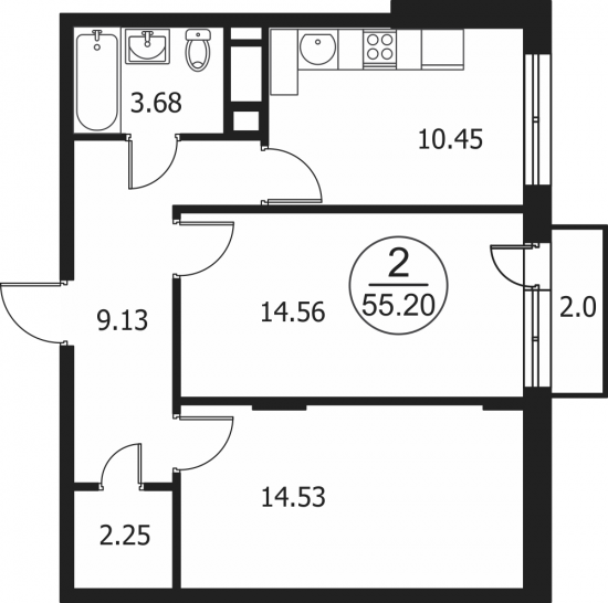 Двухкомнатная квартира 55.2 м²